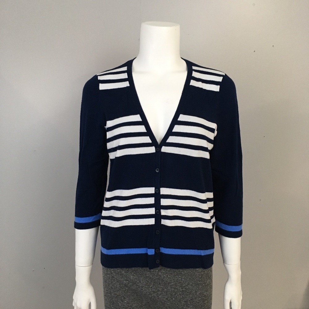 Leo & Nicole Blue Cardigan 3/4 Sleeve Sweater Button Blue White Stripes Striped